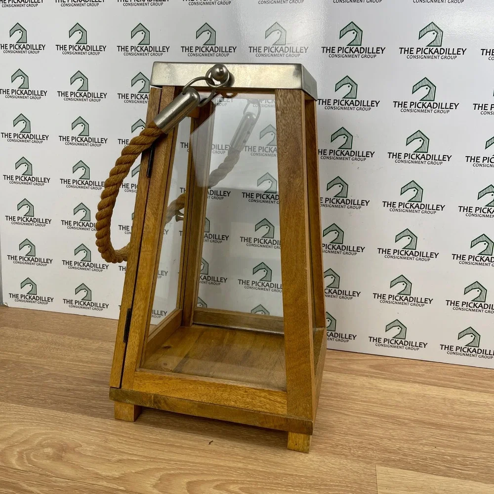Rustic Wood and Glass Teak Lantern Rope Handle Nautical Farmhouse Decor 14 Inch